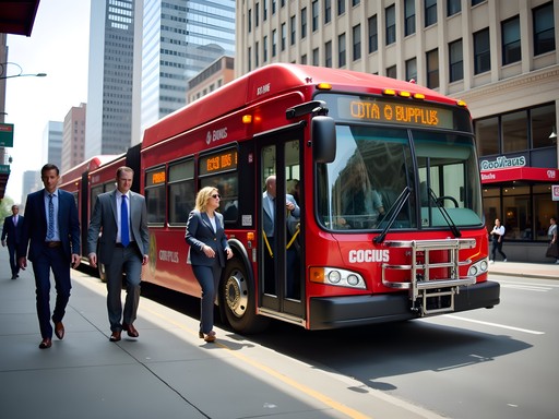 CDTA BusPlus Red Line bus at stop in downtown Albany business district