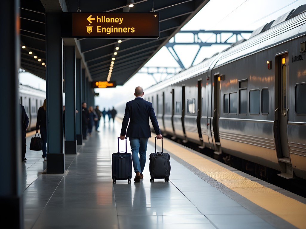 Albany-Rensselaer Amtrak station with business travelers boarding train