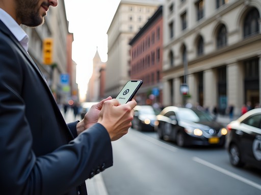 Business professional using rideshare app near Empire State Plaza in Albany