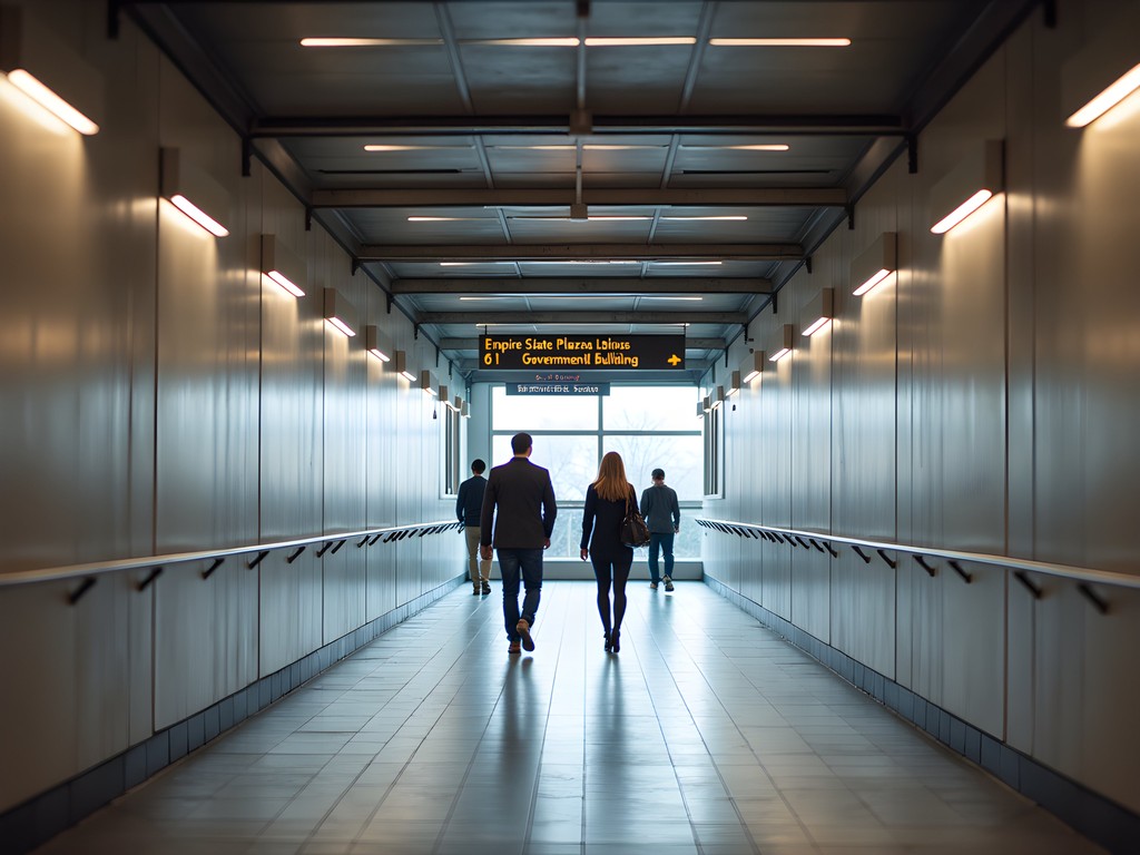 Business traveler navigating Albany's underground tunnel system connecting government buildings