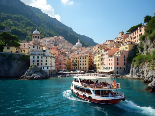 Passenger ferry approaching Positano with colorful buildings cascading down cliffside