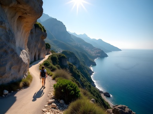 Hiker on Path of the Gods trail with panoramic views of Amalfi Coast