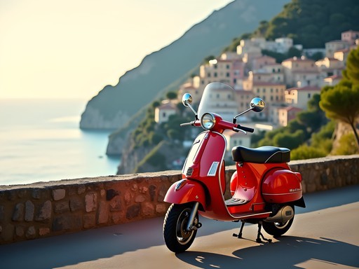 Vespa scooter parked at scenic Amalfi Coast viewpoint overlooking Mediterranean