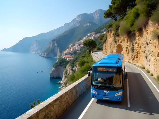 SITA bus navigating narrow cliffside road on Amalfi Coast with Mediterranean views