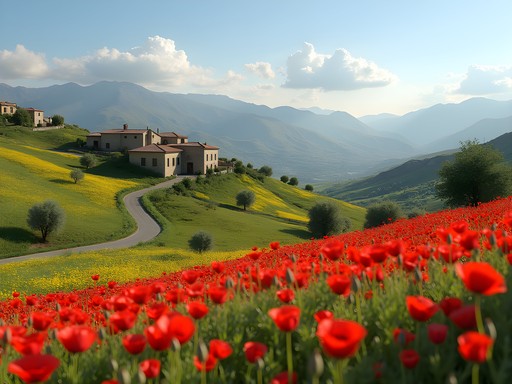Blooming wildflowers along the rural route between Annaba and Constantine in spring