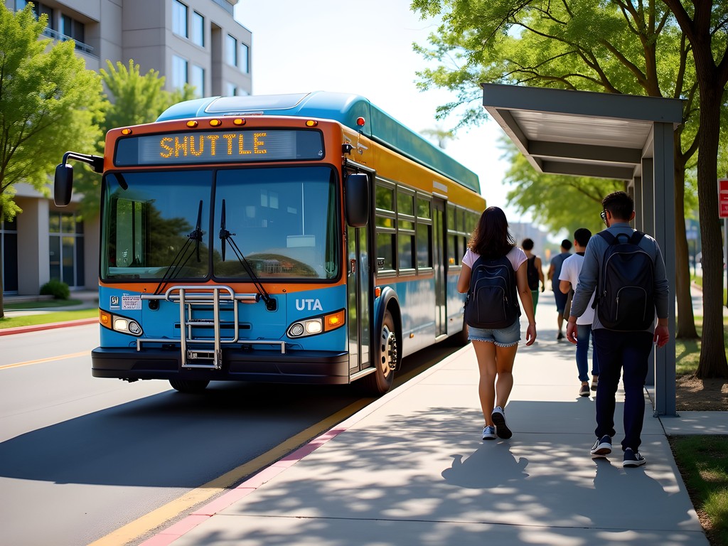 UTA campus shuttle stop with students waiting for transportation