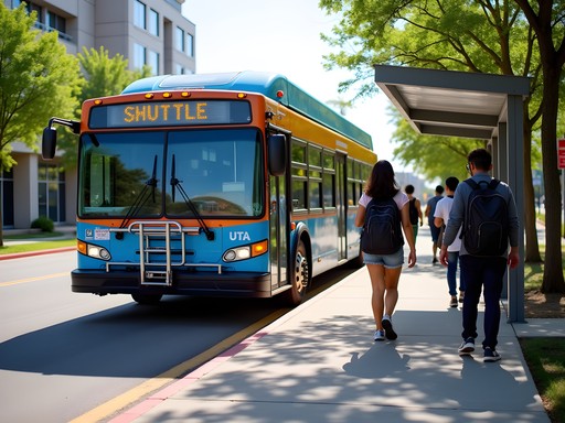 UTA campus shuttle stop with students waiting for transportation
