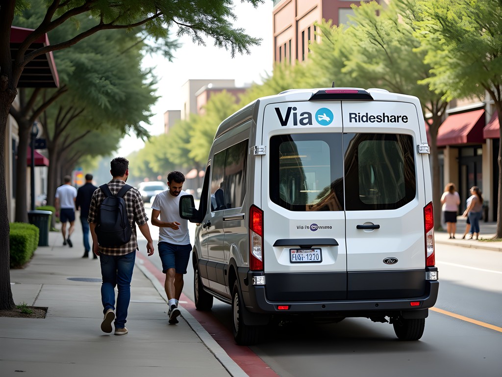 Via Rideshare vehicle picking up passengers in downtown Arlington