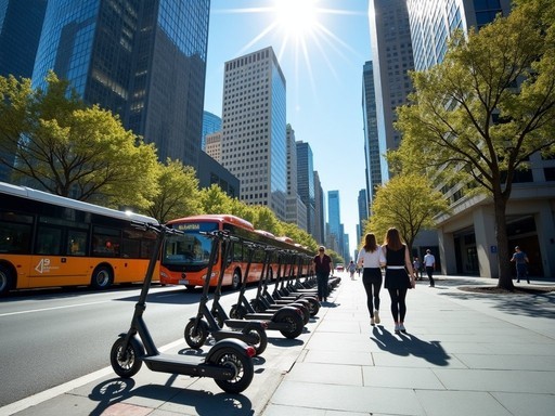 Auckland city center showing multiple transportation options including buses, scooters and pedestrian walkways