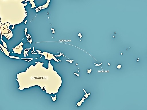 Map showing flight route from Auckland to Singapore over Pacific Ocean