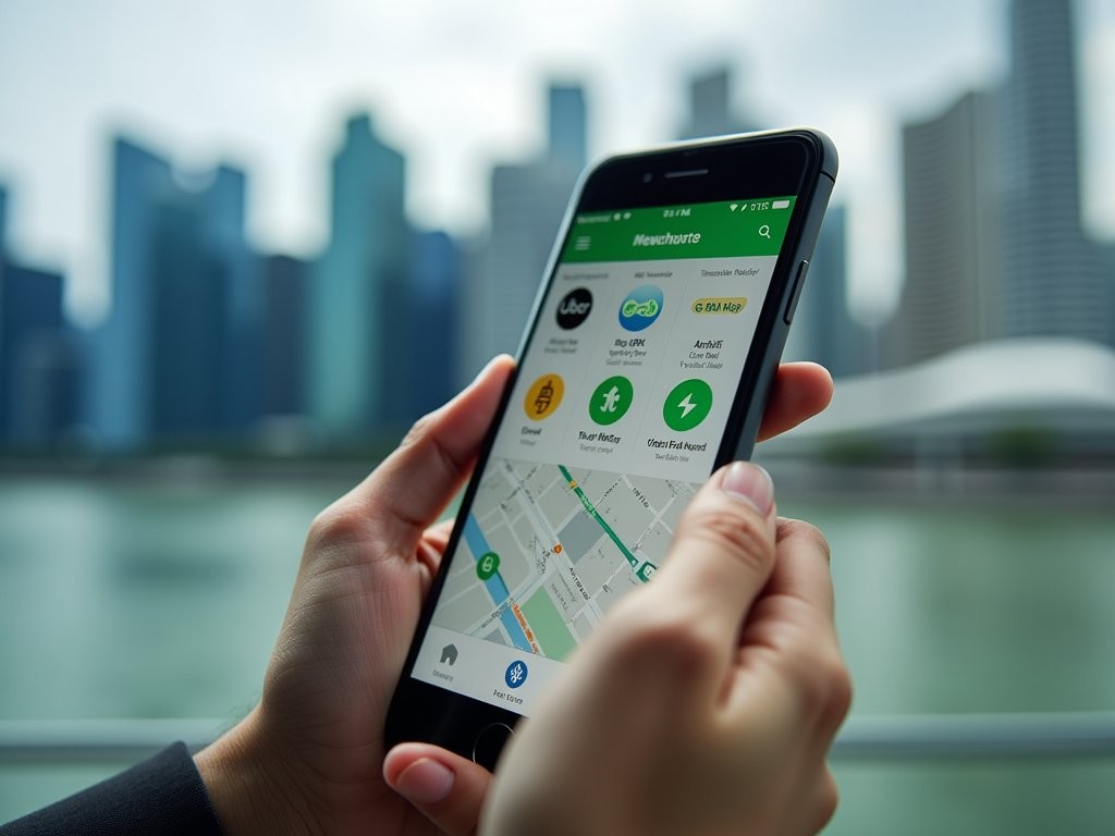 Smartphone displaying transportation apps for Auckland and Singapore with city skyline background