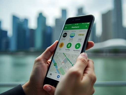 Smartphone displaying transportation apps for Auckland and Singapore with city skyline background