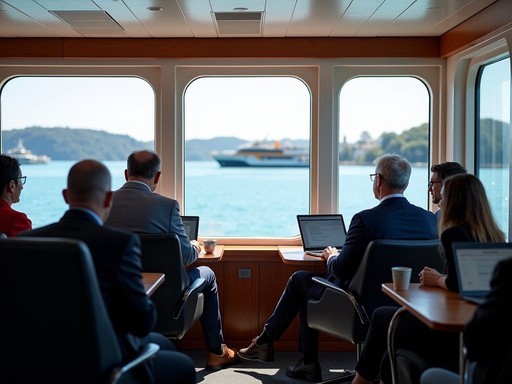 Business traveler enjoying Auckland to Waiheke Island ferry with laptop and harbor views