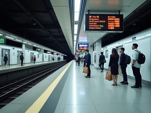 Singapore MRT station with business travelers and digital information displays