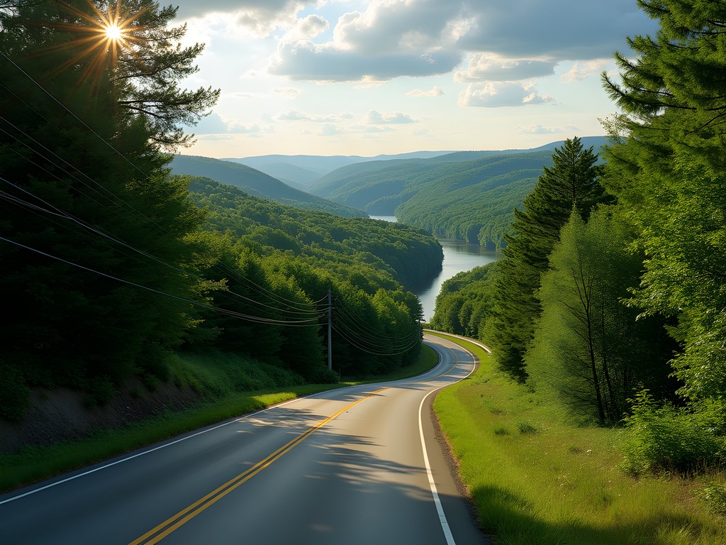 Winding road through Kennebec River Valley with summer foliage and river views
