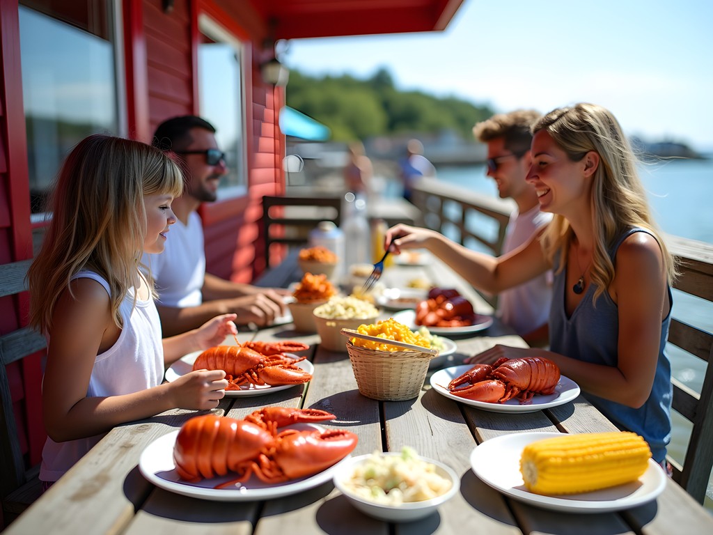 Family enjoying fresh lobster at a rustic Maine coastal seafood shack with ocean view