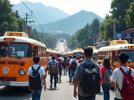 Students boarding jeepneys at Baguio's central terminal with backpacks and budget gear