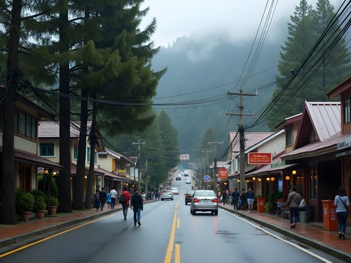 Students walking along Session Road in Baguio with pine trees and shops