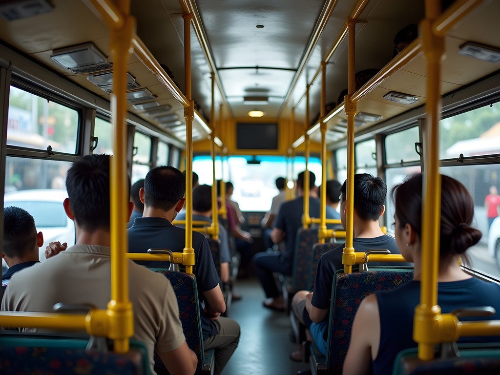 Interior of crowded local Bangkok bus showing authentic commuter experience