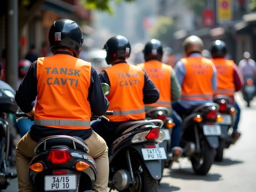 Motorcycle taxi stand in Bangkok with orange-vested drivers waiting for passengers