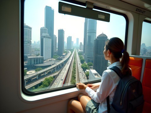 View from BTS Skytrain window showing Bangkok cityscape