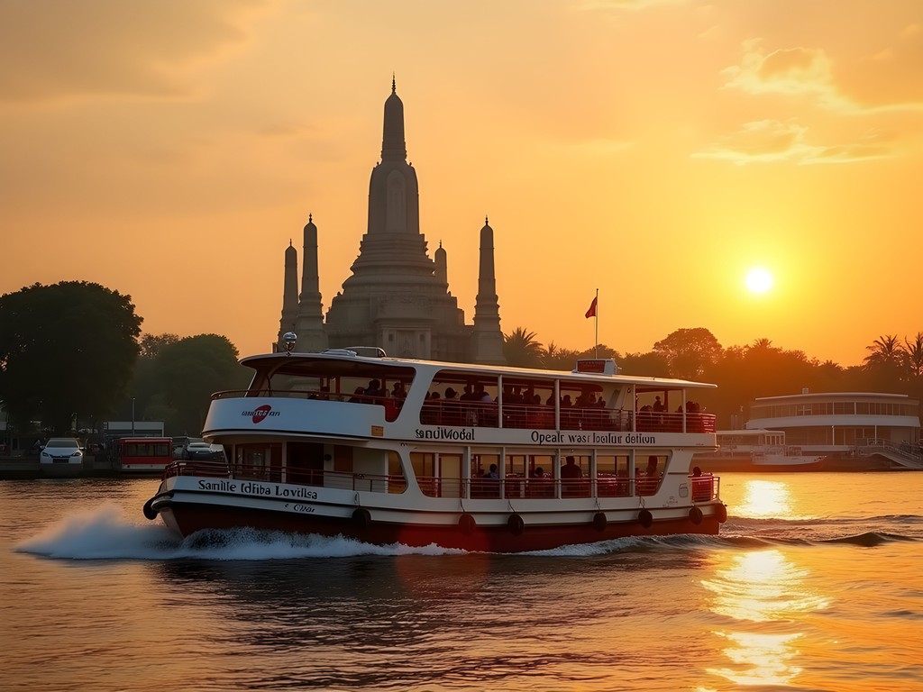 Chao Phraya Express water taxi at sunset with Wat Arun temple in background