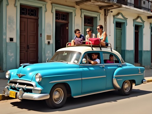 Vintage American car colectivo filled with passengers in Bayamo