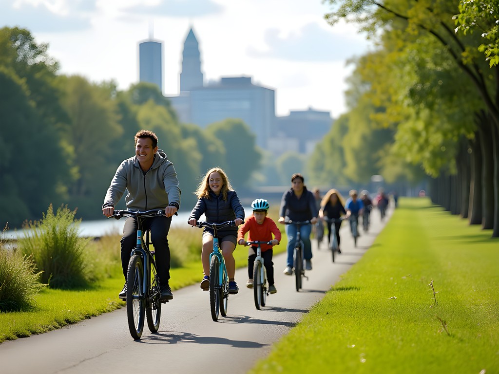Family cycling on Belfast Bikes along the Lagan Towpath with riverfront views