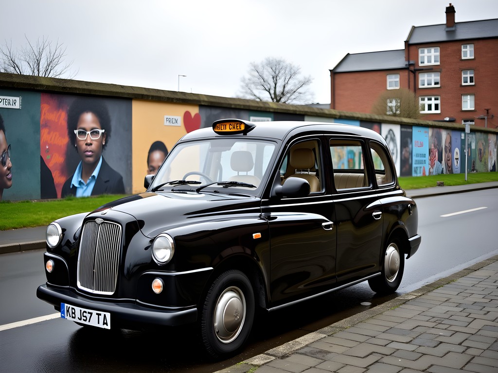 Black taxi cab parked near Belfast peace wall with political murals