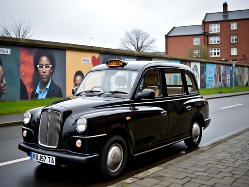 Black taxi cab parked near Belfast peace wall with political murals