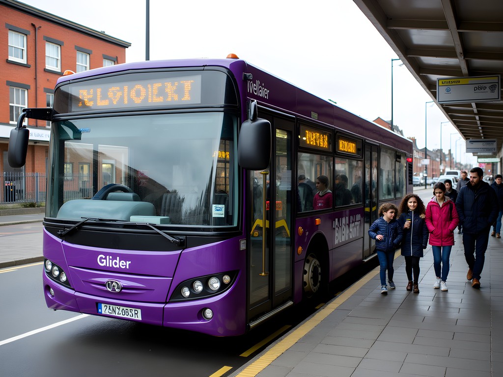 Belfast Glider public transport vehicle at a station with families boarding