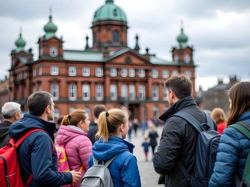 Family on walking tour near Belfast City Hall with tour guide explaining local history