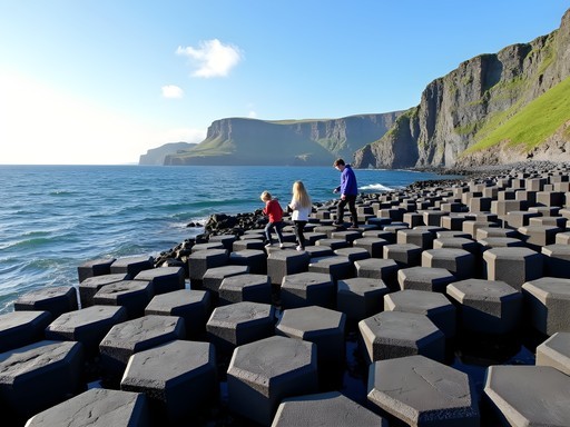 Family exploring Giant's Causeway hexagonal basalt columns during day trip from Belfast