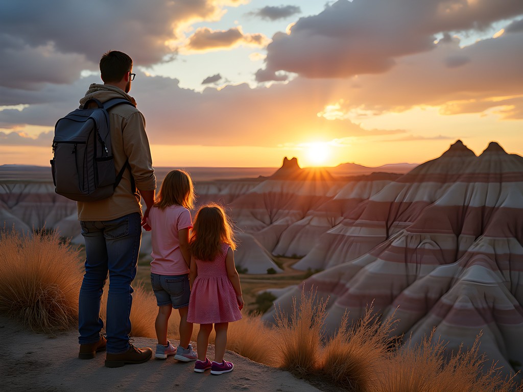 Family admiring the colorful striped formations of Badlands National Park from a scenic overlook