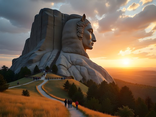 Dramatic sunset view of the in-progress Crazy Horse Memorial mountain carving with visitors at viewing platform