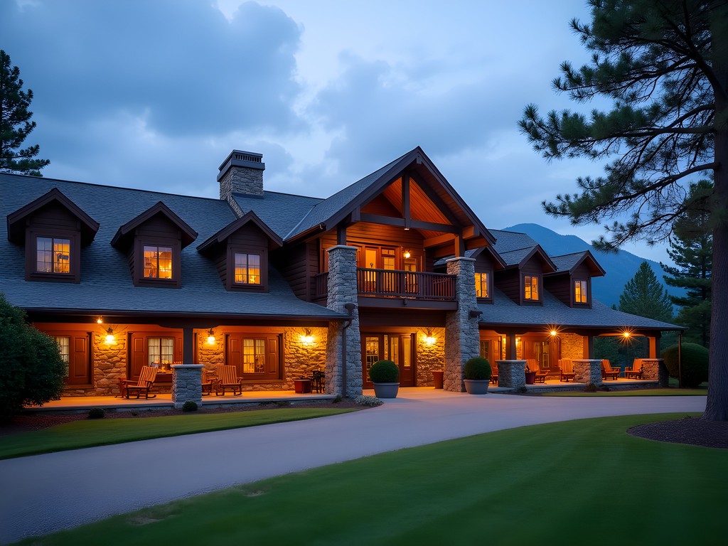 Historic stone and timber State Game Lodge in Custer State Park at dusk with warm lights glowing from windows