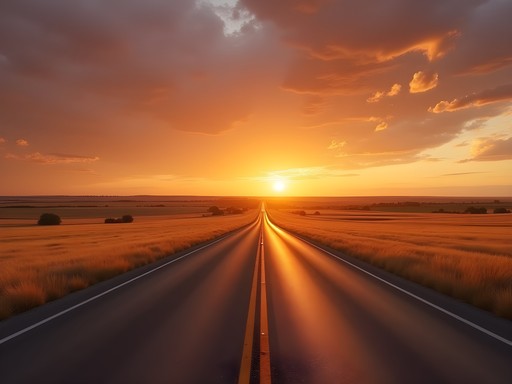 Sunset over Highway 20 in Nebraska with golden fields stretching to the horizon