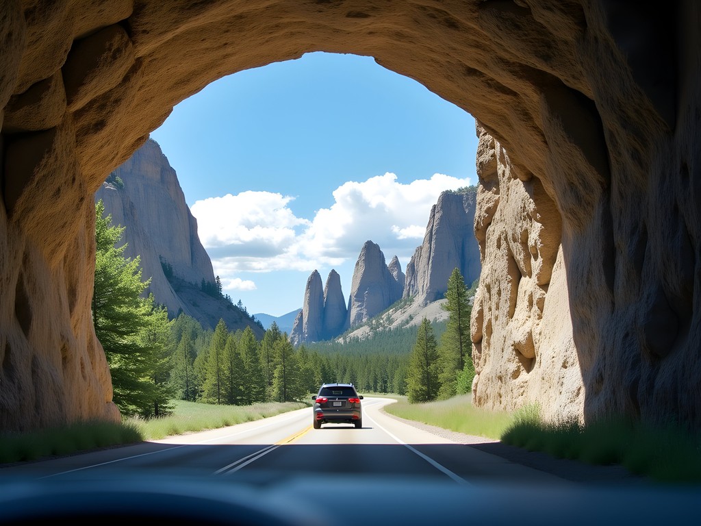 Car emerging from granite tunnel on Needles Highway with spire formations visible beyond