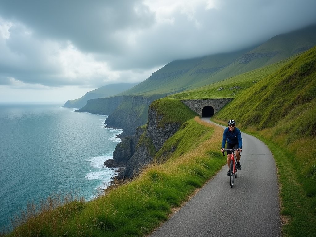 Cyclist on scenic coastal path between Deba and Zumaia in Basque Country