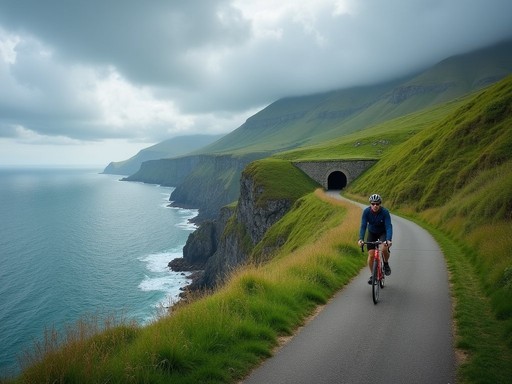 Cyclist on scenic coastal path between Deba and Zumaia in Basque Country