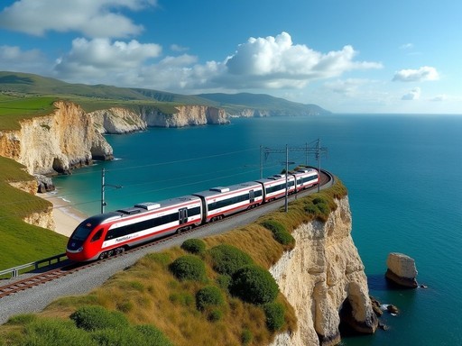 Euskotren train traveling along dramatic Basque coastline
