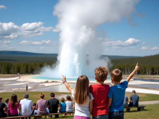Family watching Old Faithful eruption in Yellowstone National Park