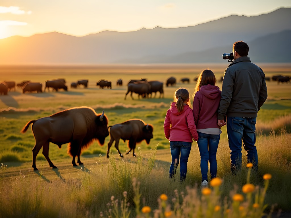 Family watching bison herd in Lamar Valley, Yellowstone National Park