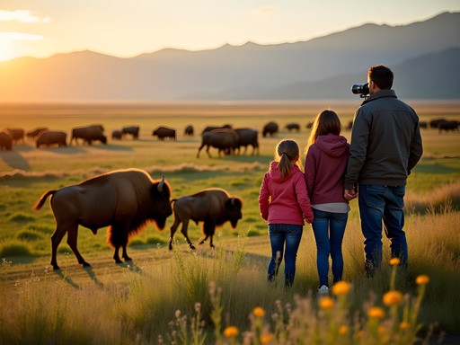 Family watching bison herd in Lamar Valley, Yellowstone National Park