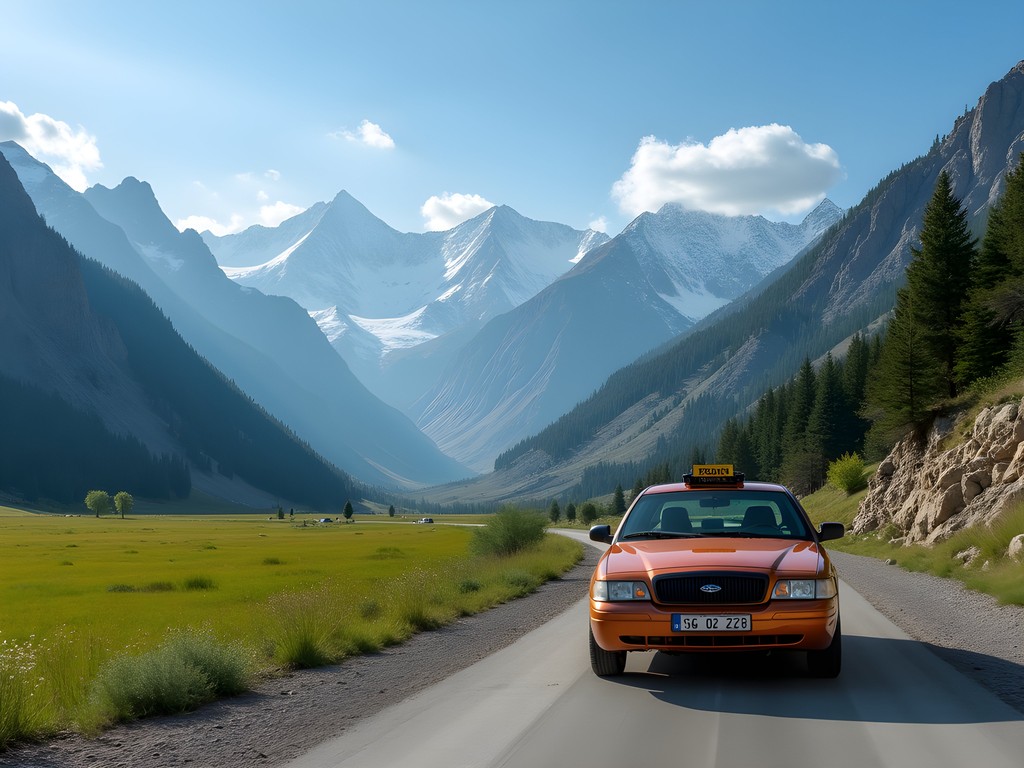 Taxi parked at Ala-Archa National Park entrance with mountains in background