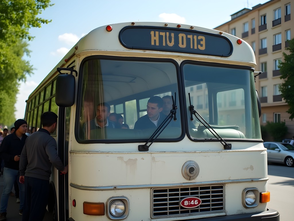 Typical marshrutka minibus in Bishkek with passengers boarding