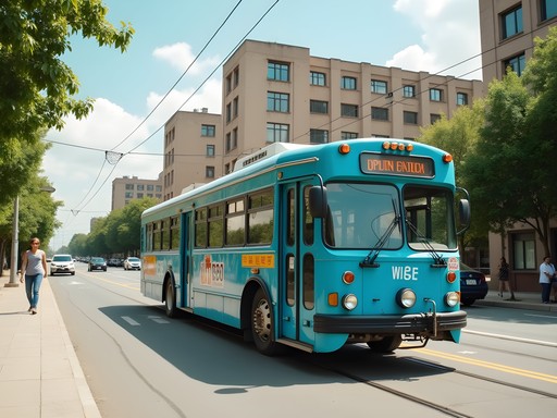 Bishkek trolleybus passing Soviet-era architecture