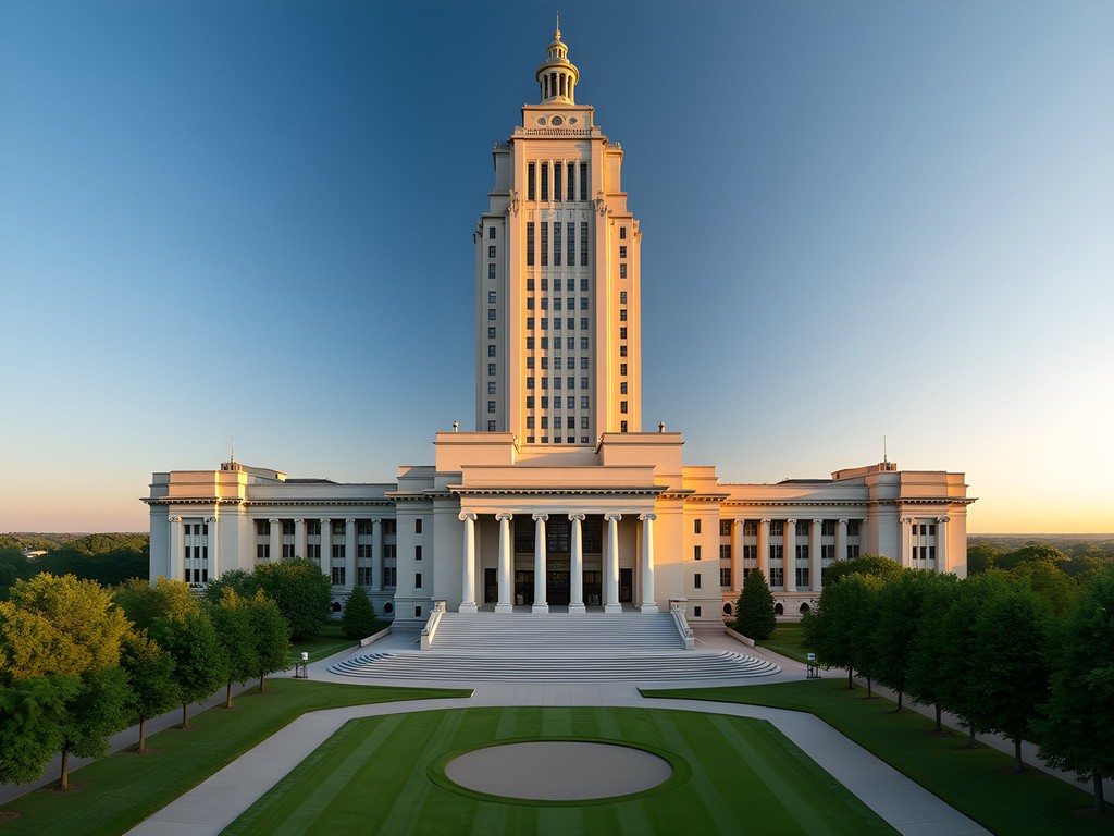 North Dakota State Capitol building in Bismarck at sunrise with golden light
