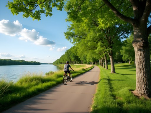 Scenic bike trail along the Missouri River in Bismarck with summer greenery