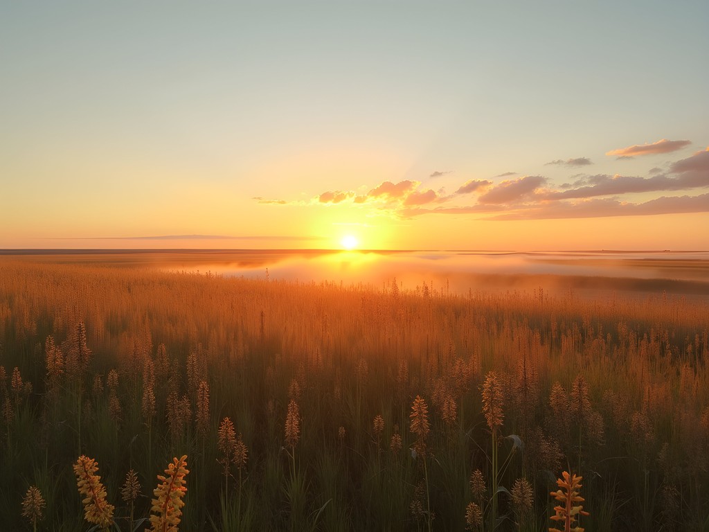 Peaceful sunrise over North Dakota prairie landscape with golden light and wildflowers